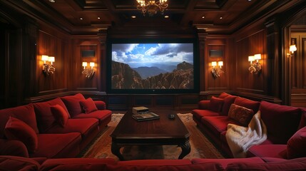 Naklejka premium A luxurious TV lounge featuring a large projector screen