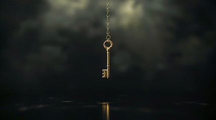 A lone golden key suspended in mid-air above a glossy black abyss, hinting at untold secrets waiting to be unlocked.