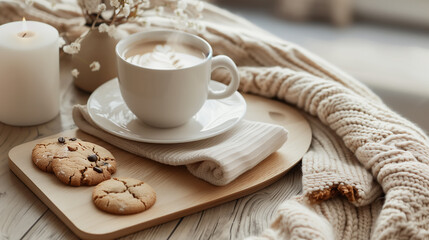 Obraz premium Steaming cup of coffee with cookies on a knitted blanket, cozy Coffee Break by the Window