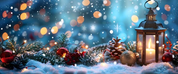Christmas Lantern With Snow And Decorations