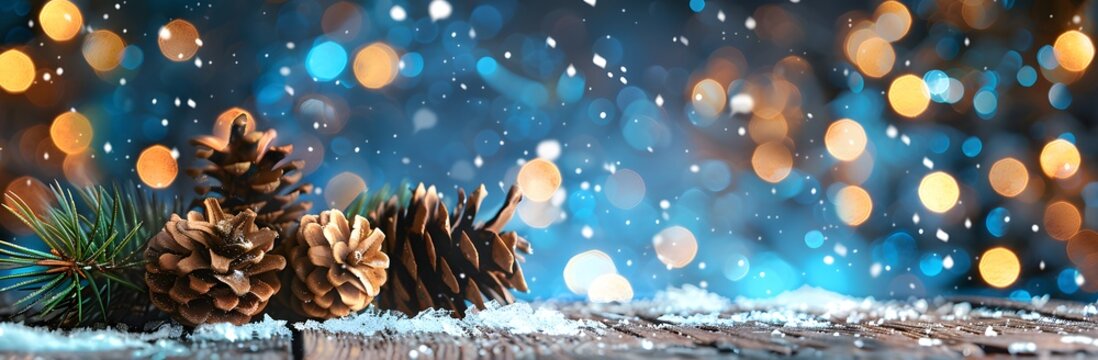 Christmas Pine Cones & Snow on Wood