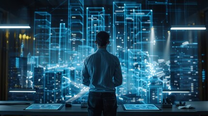 Man analyzing digital city blueprints in advanced high tech environment, realistic futuristic photo