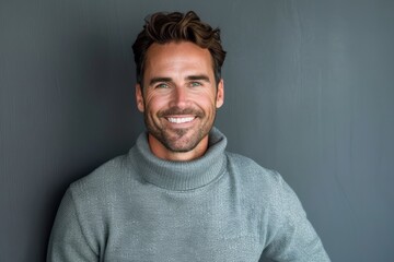 Fototapeta premium Portrait of a cheerful man in his 30s showing off a thermal merino wool top on soft gray background