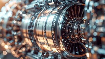 Close up of advanced industrial gas turbine engine in futuristic setting for heavy industry concept