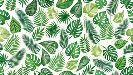 Vibrant green tropical leaf silhouettes arranged in a seamless repeating pattern on a modern white background for design templates.