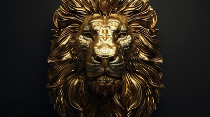 A majestic golden lion's head sculpted against a luxurious black background, emanating strength and nobility.