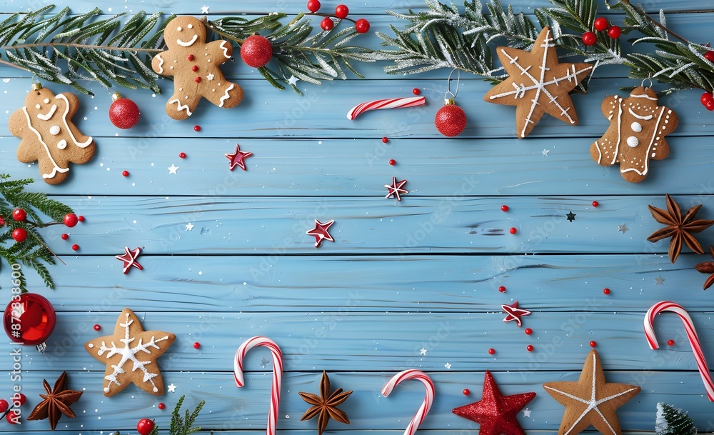 Sticker Christmas Gingerbread Cookies Garland On Blue Wood