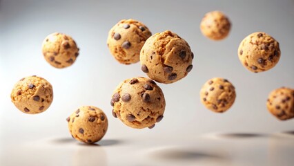 Whimsical spherical balls of sweet cookie dough suspended in mid-air against a clean and minimalist white background.
