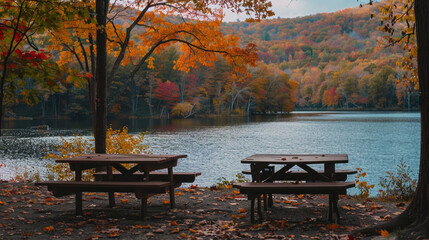 Fototapeta premium Picnic tables by lake