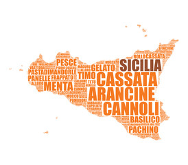 Italian region Sicily map silhouette word cloud illustration made of foods and wines local names