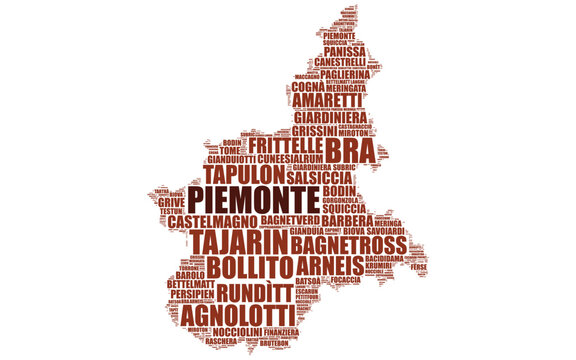 Italian region Piemonte word cloud map silhouette made of  local names of foods and wines
