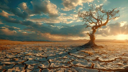 environment climate change concept picture of dry crack land and dried dead tree at arid disaster crisis desert from global warming effect.  