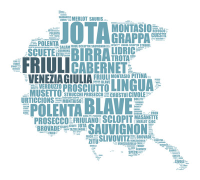 Friuli Venezia Giulia Italian region map silhouette tagcloud with local foods and wines