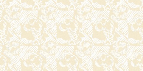 Modern white on cream lace effect wedding border texture. Soft tonal linen openwork block print with subtle hand drawn lattice damask printed fabric banner edge trim. 