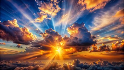 Fototapeta premium Dramatic celestial canvas features vibrant sun bursting through majestic, billowy clouds in a breathtaking display of nature's grandeur.