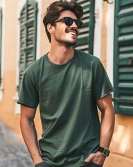 A man smiles and wears a green t-shirt while walking down a street
