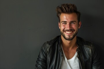 Fototapeta premium Portrait of a happy man in his 20s sporting a stylish leather blazer on soft gray background