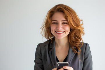 Fototapeta premium Smiling young businesswoman with red hair holding a smartphone, wearing a dark gray blazer and black top.