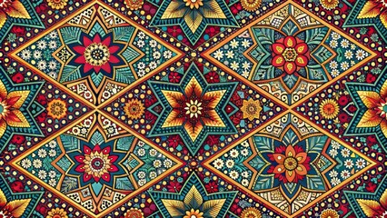 Vibrant intricate geometric shapes intertwined with traditional Batik elements in a seamless repeating pattern ideal for textiles and design backgrounds.