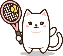 テニスをしている白いネコのイラスト（A cat playing tennis.）