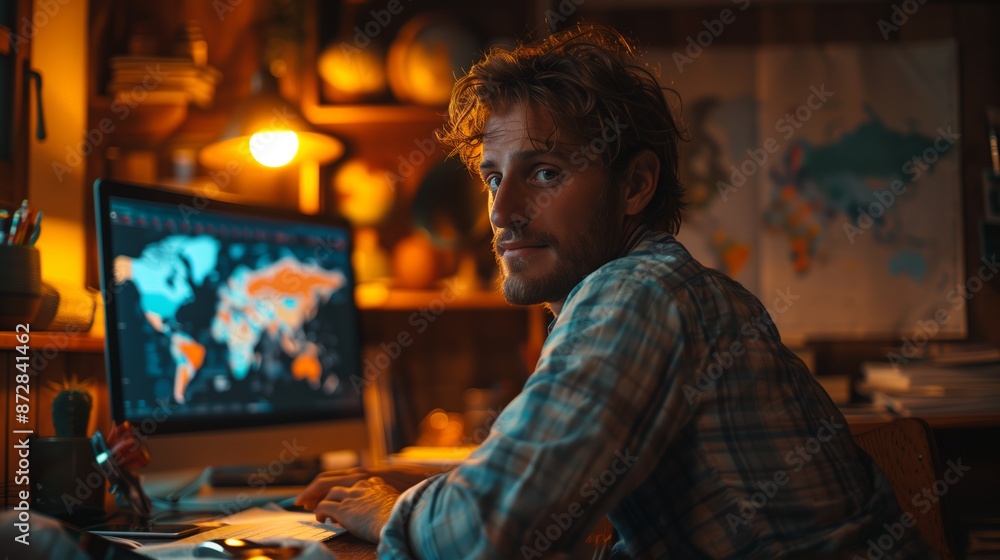 Poster man working on computer with world map in background at night