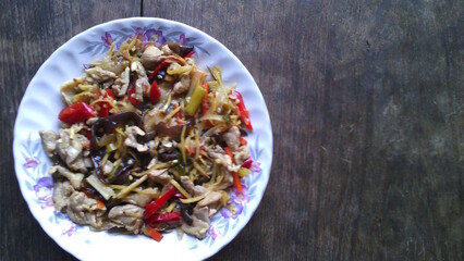 Stir-fried chicken with ginger, chili, mushrooms, meat, food