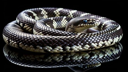 Obraz premium Majestic royal snake coil, sleek black scales glisten, contrasting white patterns evoke regality, power, and ancient mystique in subtle darkness.