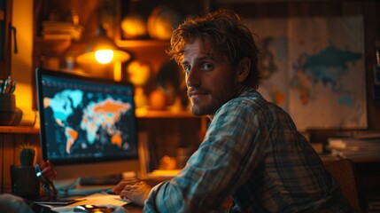 Obraz premium Man Working on Computer With World Map in Background at Night