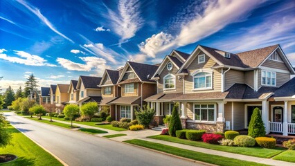 Serene suburban neighborhood scene featuring rows of neatly maintained single-family homes with varying rooflines against a brilliant cloudless blue sky.