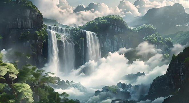 A beautiful waterfall is surrounded by mountains and trees. The scene is serene and peaceful, with the water cascading down the rocks and the trees providing a lush green backdrop