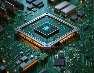 Obraz premium A futuristic and intricate depiction of a technological circuit board, featuring complex microchips and glowing pathways, representing advanced computing and digital infrastructure