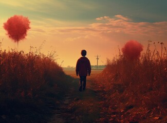 Fototapeta premium A boy is walking down a country road, viewed from behind.
