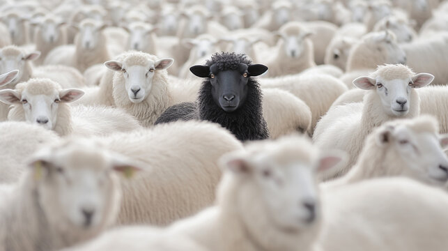 A lone black sheep in a flock of white sheep.
