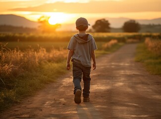 A boy is walking down a country road, viewed from behind.