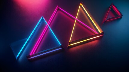 Fototapeta premium A minimalist composition of geometric neon shapes casting vivid hues against a stark black background, reminiscent of a cyberpunk dreamscape.