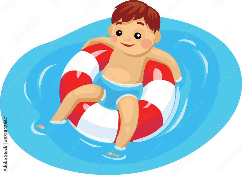 Poster smiling boy enjoying summer vacation floating in a swimming pool using an inflatable ring