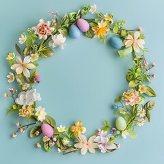 Easter Floral Wreath with Eggs on Blue Background