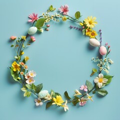 Easter Floral Wreath with Eggs on Blue Background