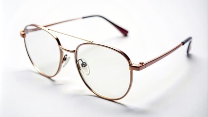 Elegant thin-framed eyeglasses rest isolated on a pristine white background, showcasing sleek modern design and minimalist sophistication.