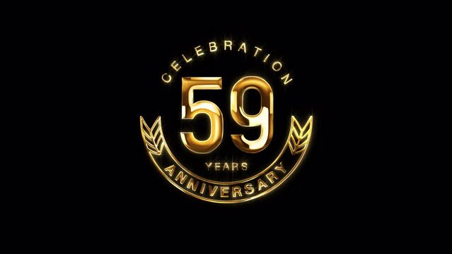 59th Golden Anniversary Celebration. Happy 59 Years Anniversary Animation in Gold Color on the Transparent Background, Alpha Channel. Great for greetings, celebrations, events, and gifts.