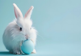 Obraz premium Cute White Bunny Holding Blue Easter Egg