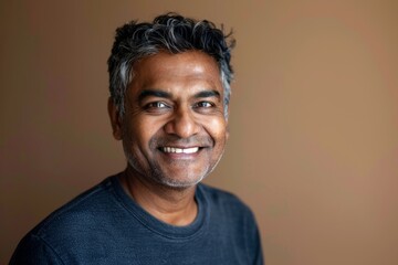 Fototapeta premium Portrait of a smiling indian man in his 50s showing off a lightweight base layer over soft brown background