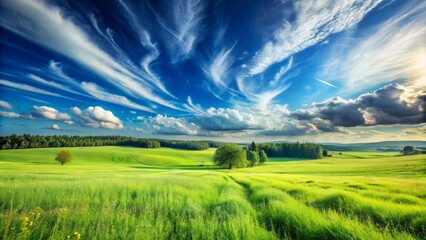 Obraz premium Serene and vibrant green meadow stretching towards horizon, blending with clear blue sky and few wispy white clouds.