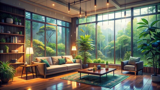 Minimalist cozy living room with rain-soaked forest virtual background loop, warm anime-inspired aesthetic, and soothing lo-fi hip hop atmosphereNuitka