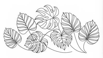 Intricate black and white continuous line engraved art featuring isolated abstract tropical leaves on a clean white background.