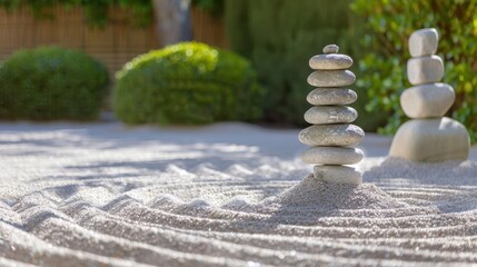 Fototapeta premium A tranquil Zen garden with carefully raked gravel and stone lanterns