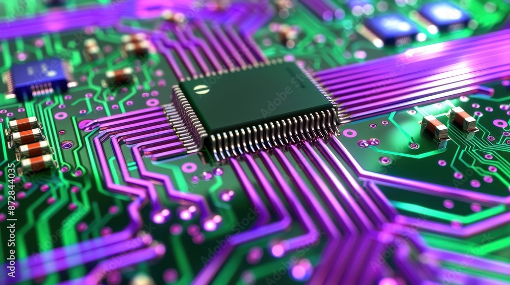 Poster close-up view of a vibrant, illuminated circuit board with a central processor and intricate electri