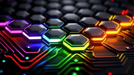 Fototapeta premium Colorful abstract circuit board with illuminated hexagonal shapes representing modern technology and futuristic concepts.