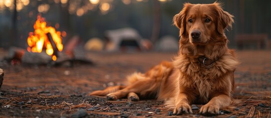 Golden Retriever Relaxing by a Campfire