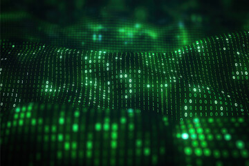 background of green binary code, glowing in the dark, representing data technology and cyber security. The artwork is in the style of data technology